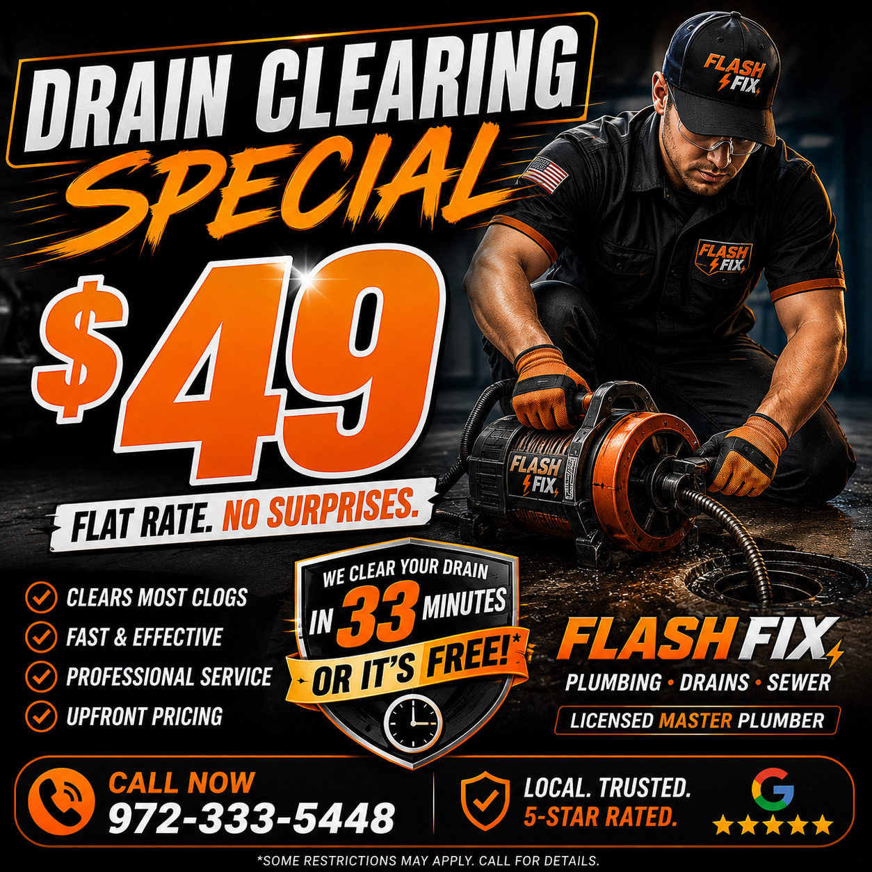 “Texas Master Plumber performing $49 drain clearing service in Dallas Fort Worth TX”
