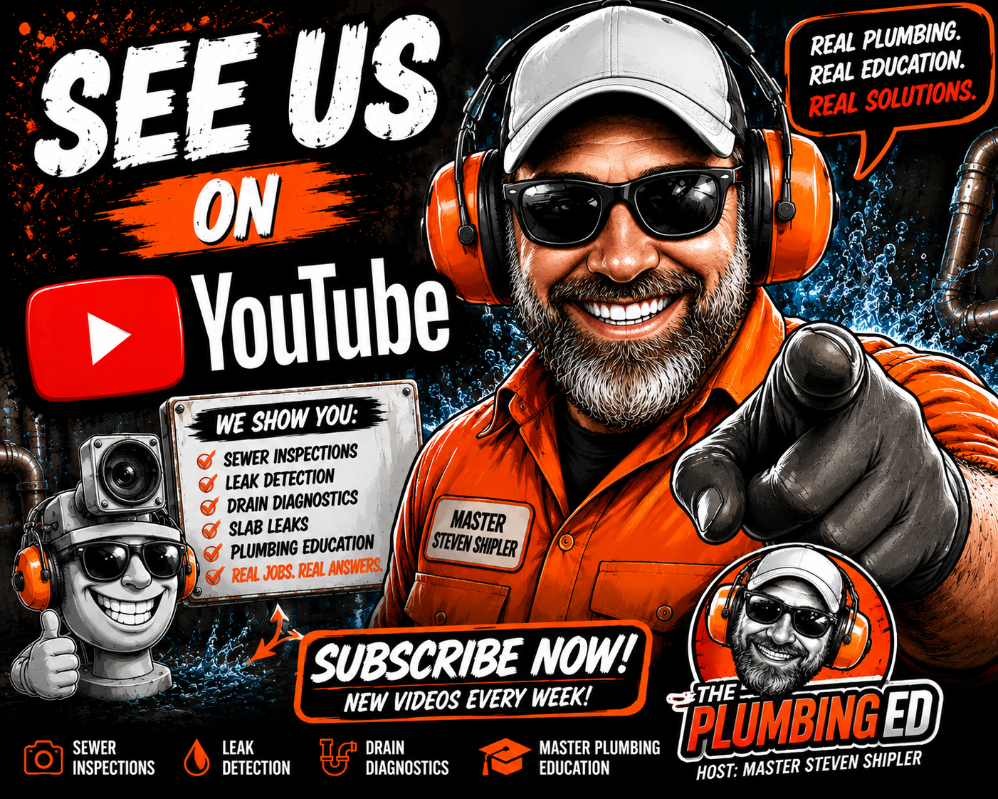 “Texas Master Plumber Steven Shipler promoting The Plumbing Ed YouTube channel featuring sewer inspections, leak detection, and drain diagnostics in Plano TX”
