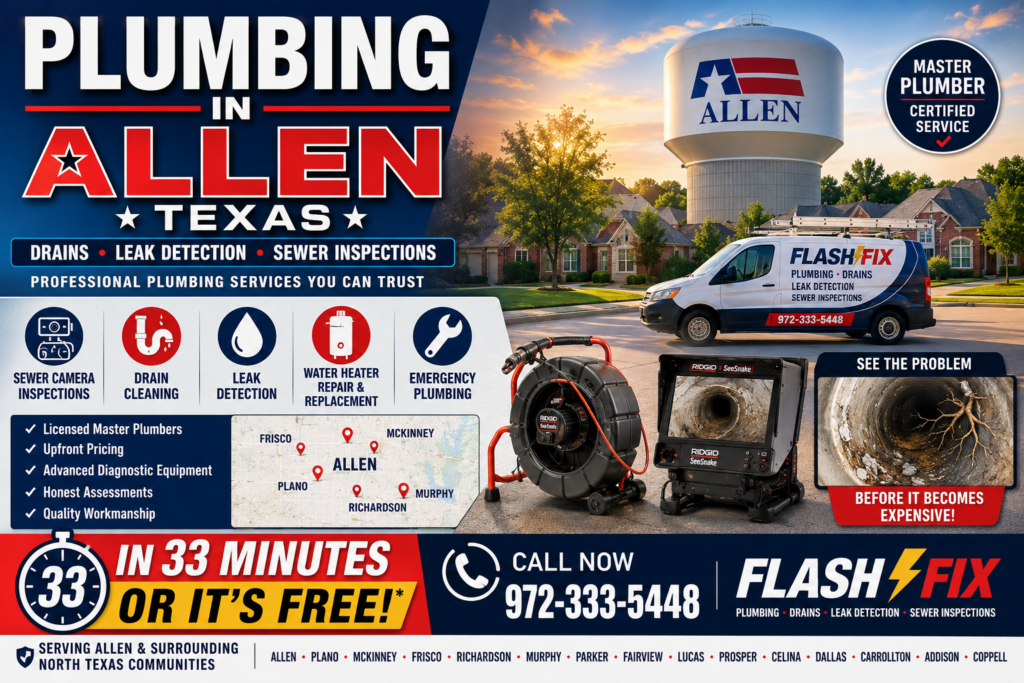 Allen Texas plumbing services featuring sewer camera inspections, drain cleaning, leak detection, emergency plumbing, water heater repair, sewer diagnostics, and Master Plumber certified service throughout North Texas.