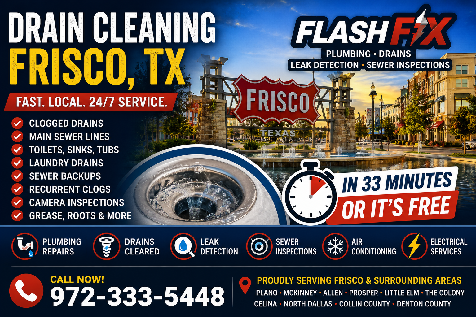 Drain cleaning in Frisco TX with Flash Fix Plumbing for clogged drains sewer backups main line cleaning leak detection sewer inspections AC and electrical service