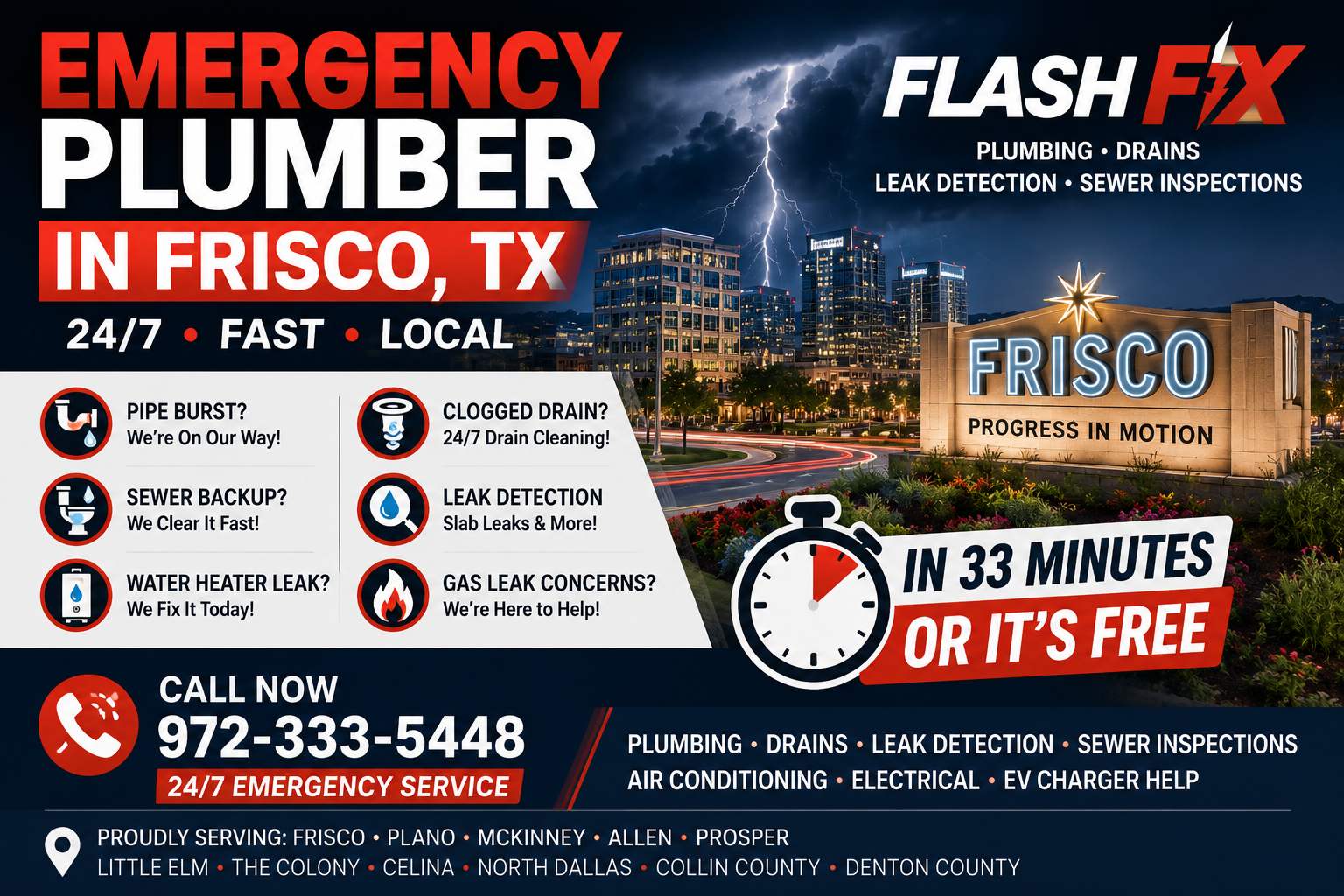 Emergency plumber in Frisco TX with Flash Fix Plumbing for sewer backups drain cleaning leak detection slab leaks water heater leaks gas concerns AC electrical and EV charger help