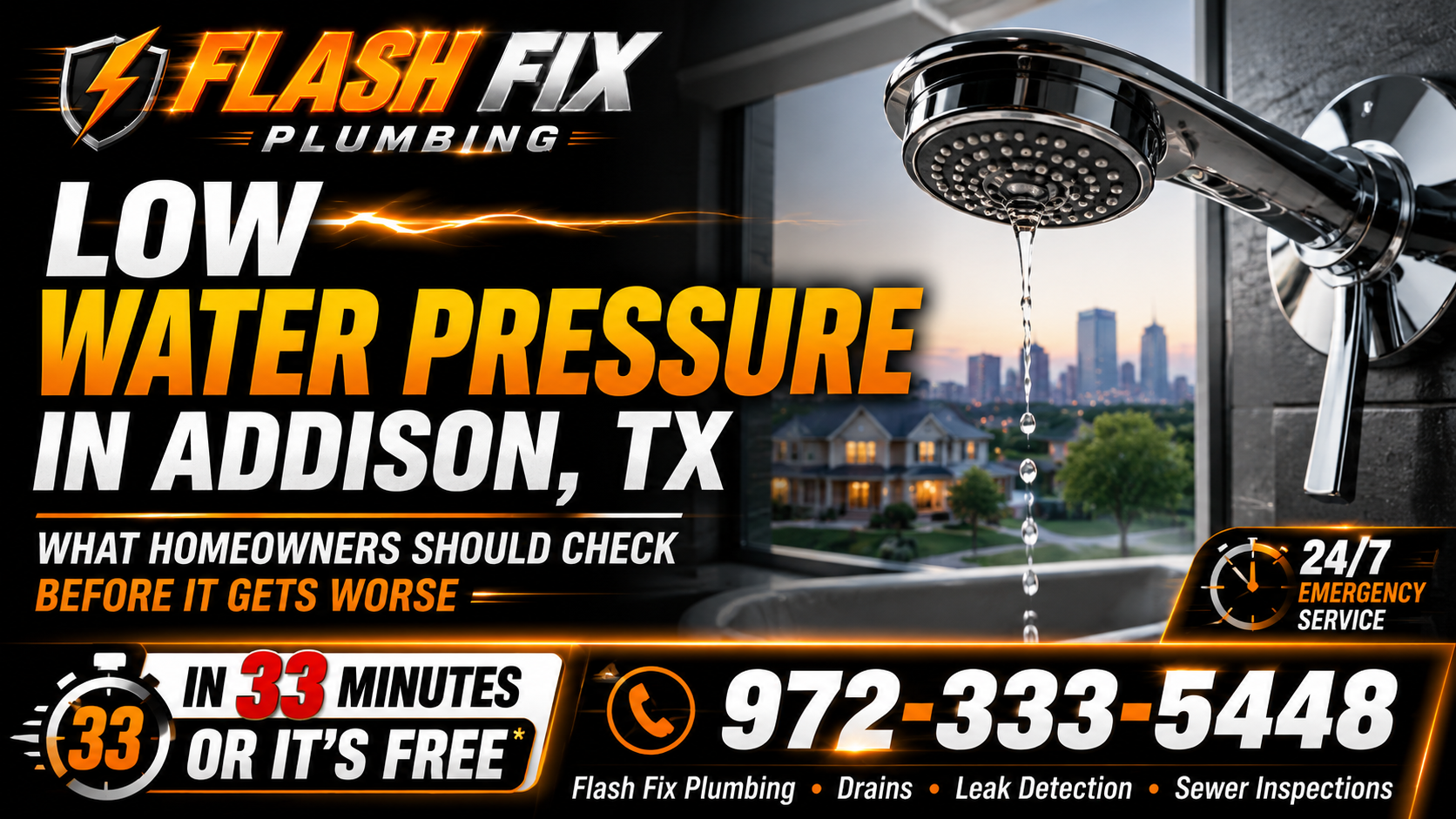 Low water pressure in Addison TX with showerhead dripping and Flash Fix Plumbing 24/7 emergency service