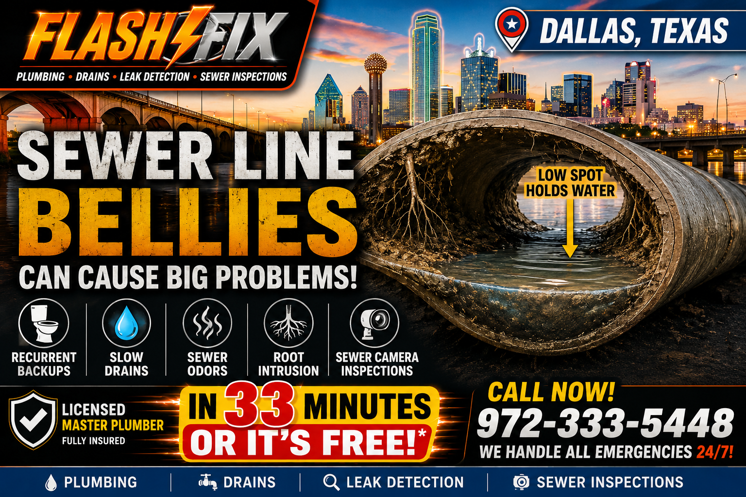 Sewer line bellies in Dallas TX showing standing water in underground sewer pipe with Flash Fix Plumbing 24/7 emergency service