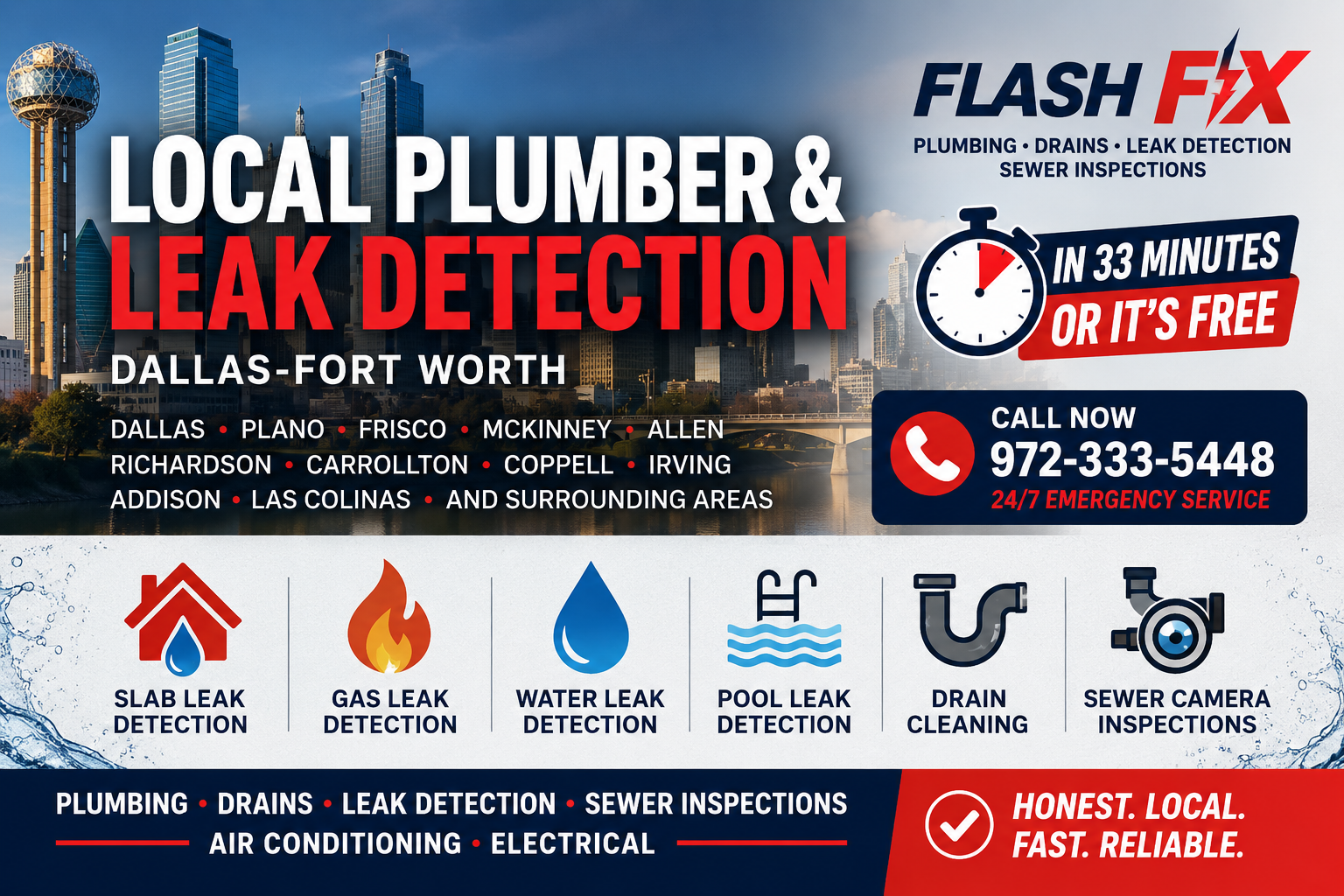 Local plumber and leak detection in Dallas Fort Worth for slab leaks gas leaks water leaks pool leaks drains sewer inspections AC and electrical service