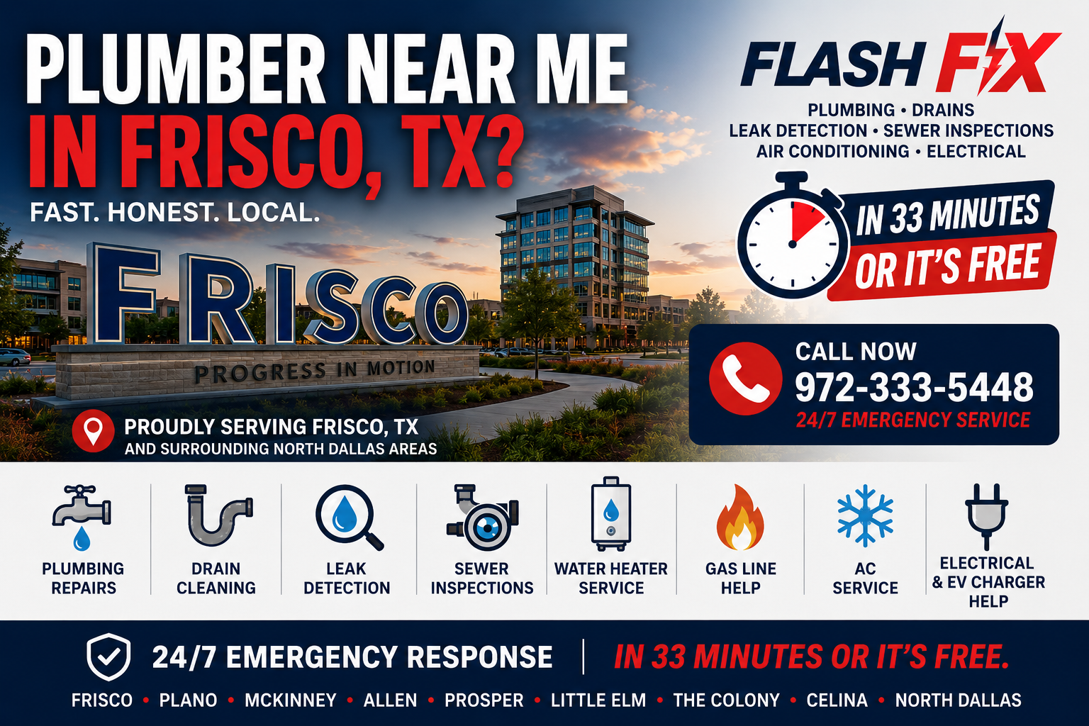 Plumber near me in Frisco TX with Flash Fix Plumbing for drains leak detection sewer inspections water heaters AC electrical and EV charger help