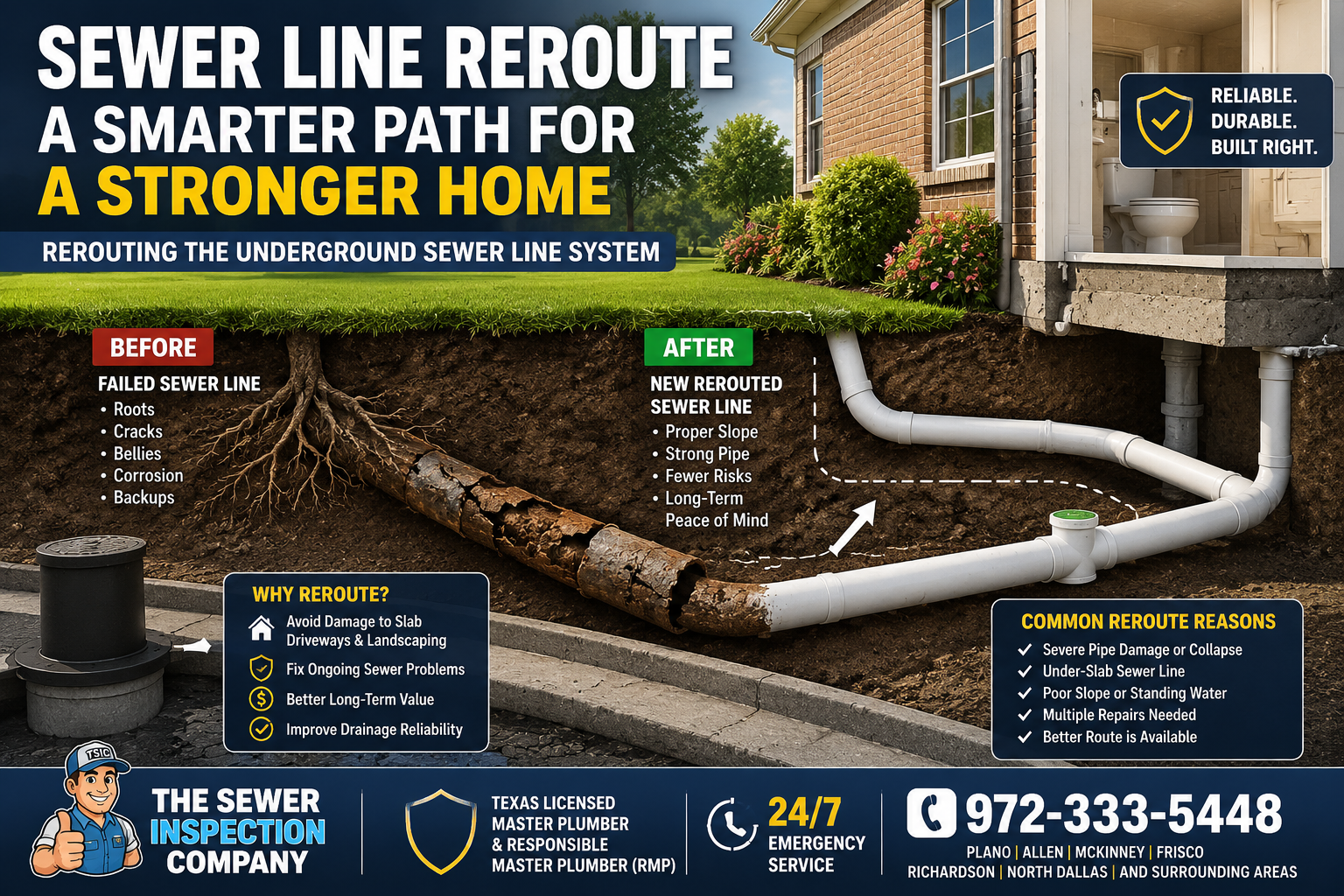 Sewer line reroute in Las Colinas TX showing damaged underground sewer pipe replaced with new rerouted sewer line system